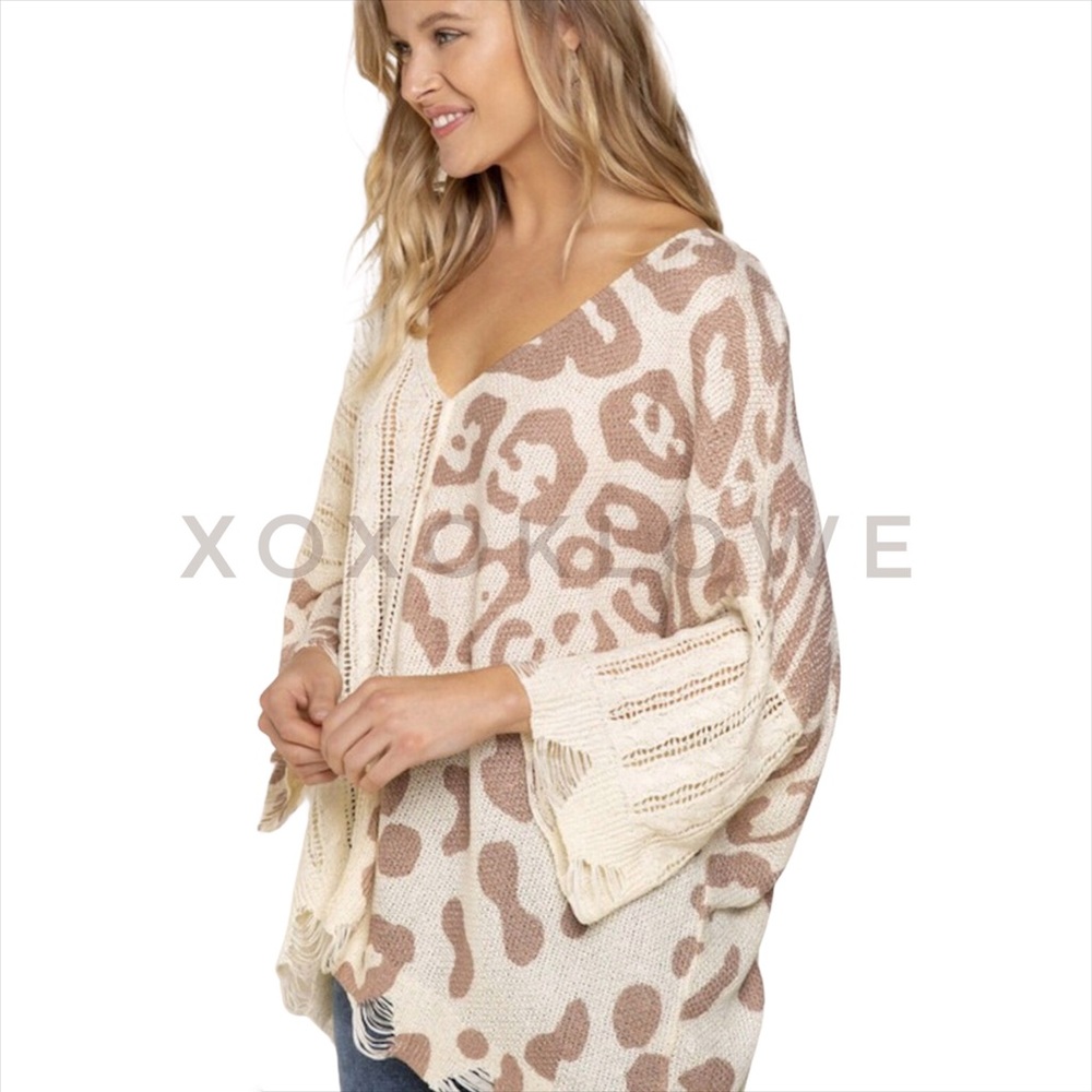 1 M LEFT POL Mixed Fabric Leopard Print & Knit Sweater Top - Picture 5 of 7